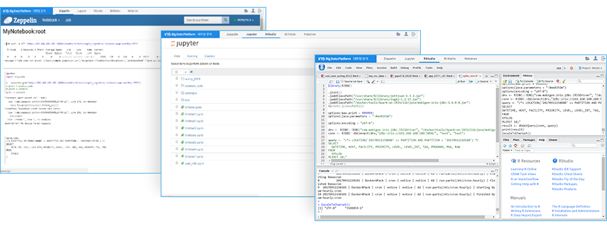Graphio Playground에 Embedding된 분석 도구 화면 예시 — IRIS Big Data Platform 위에 Zeppelin 노트북, Jupyter, RStudio 분석 IDE가 임베딩되어 동작하는 화면